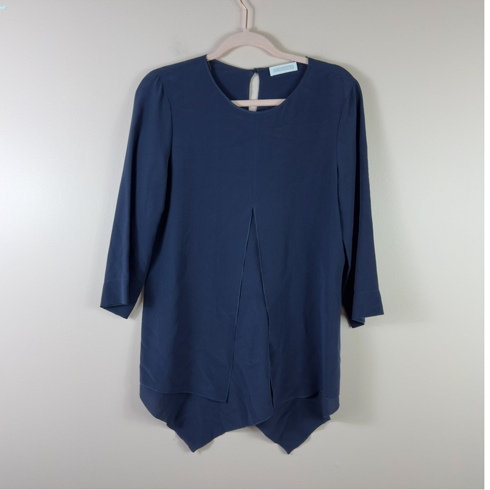 ST. EMILE womens size 6 navy blue layered silk long sleeve lagenlook blouse